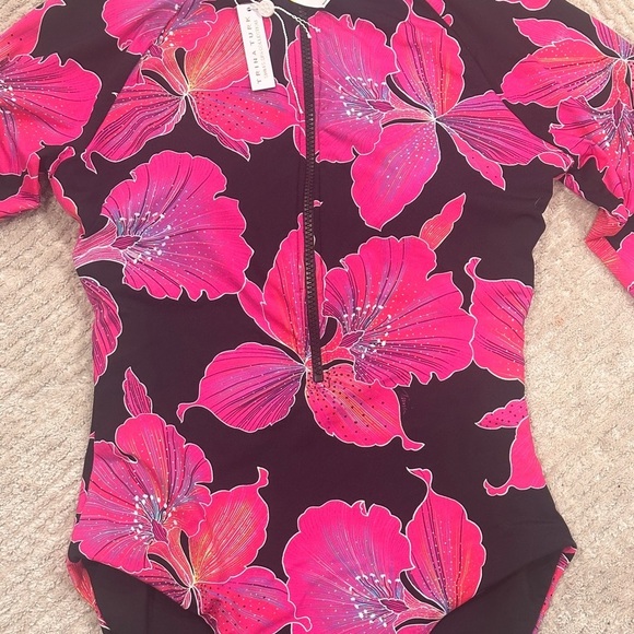 Trina Turk Fleury Floral Rashguard Paddle One Piece Long Sleeve Suit Swimsuit - Picture 4 of 8